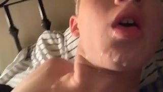 Cute blonde lad self sucks his own big penis and cums on his fresh face